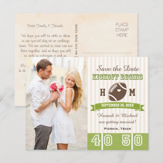 Football thema bruiloft Save the Date Aankondigingskaart (Voorkant / Achterkant)
