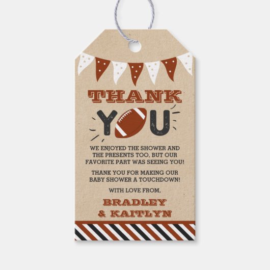 Football thema gecodeerd Baby shower Cadeaulabel (Voorkant)