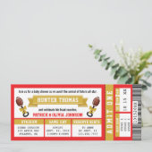 Football Ticket Baby shower Invitation, rood, goud Kaart (Staand voorkant)
