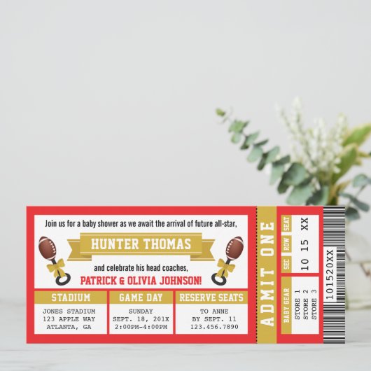 Football Ticket Baby shower Invitation, rood, goud Kaart (Staand voorkant)