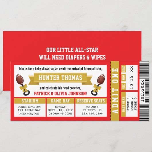 Football Ticket Baby shower Invitation, rood, goud Kaart (Voorkant / Achterkant)