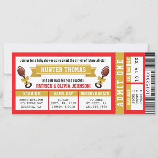 Football Ticket Baby shower Invitation, rood, goud Kaart (Voorkant)