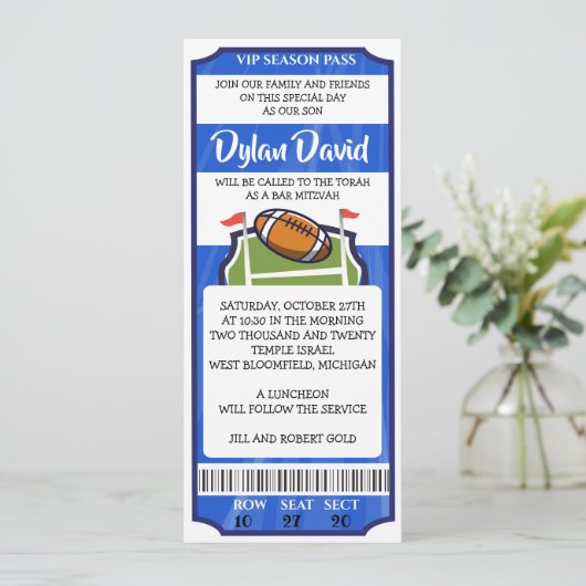 FOOTBALL TICKET Bar Bat Mitzvah Uitnodiging (Staand voorkant)