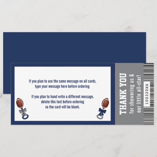 Football Ticket Bedankt Card, Baby shower Kaart (Voorkant / Achterkant)