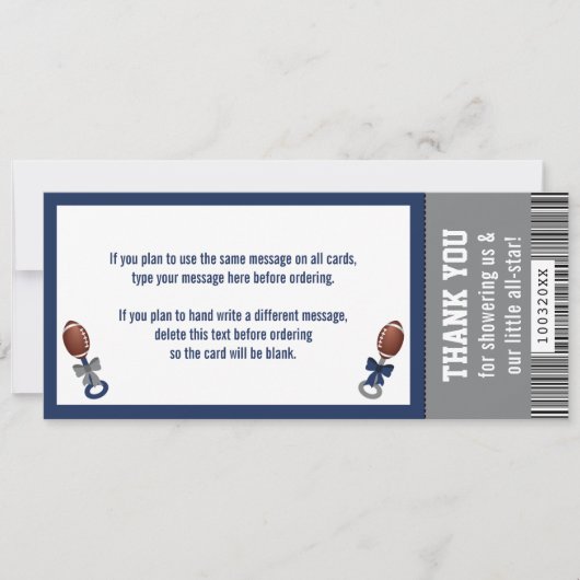 Football Ticket Bedankt Card, Baby shower Kaart (Voorkant)