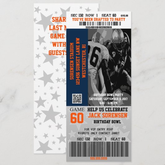 Football Ticket Blue en Oranje feestdag Kaart (Voorkant / Achterkant)