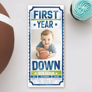 Football Ticket Boy Foto Blauw Groen 1e Verjaardag Kaart