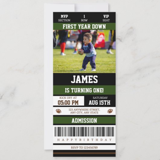 Football ticket eerste jaar down 1st verjaardagsfo kaart (Voorkant)