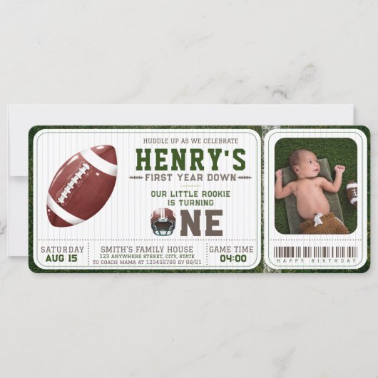Football ticket eerste jaar down 1st verjaardagsfo kaart (Voorkant)