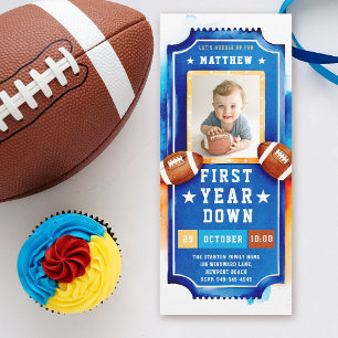 Football Ticket Foto Blue Yellow Boy 1st Birthday Kaart