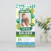 Football Ticket Green Boy 1e verjaardag Uitnodigin (Staand voorkant)