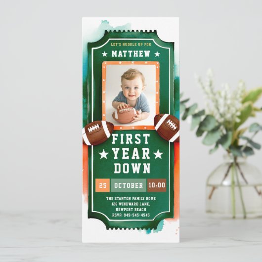 Football Ticket Green Photo Boy 1e verjaardag Kaart (Staand voorkant)