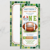 Football Ticket Groen Blauw 1e verjaardag Uitnodig (Voorkant / Achterkant)