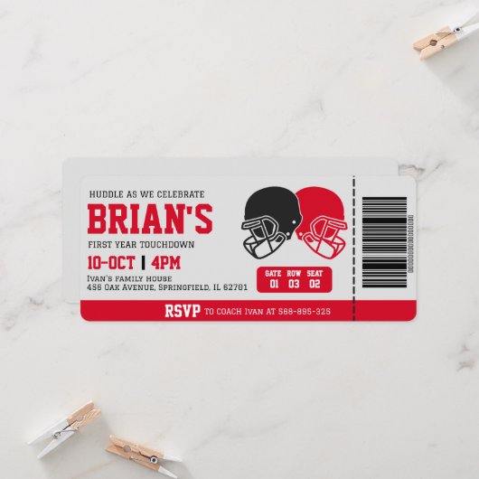 football ticket verjaardagsuitnodiging kaart (Voorkant / Achterkant in situ)