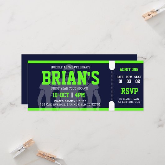 football ticket verjaardagsuitnodiging kaart (Voorkant / Achterkant in situ)