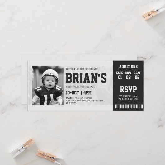 football ticket verjaardagsuitnodiging kaart (Voorkant / Achterkant in situ)