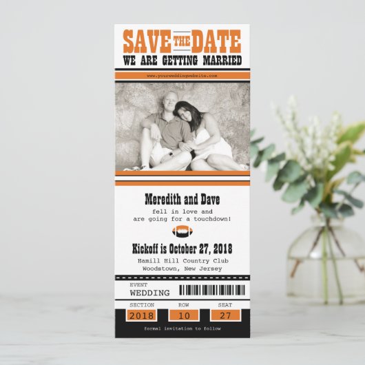 Football Ticket Wedding Save the Date (Staand voorkant)