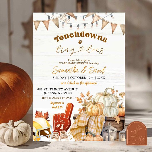 Football Touchdown en Tiny Toes Co-Ed Baby shower Kaart