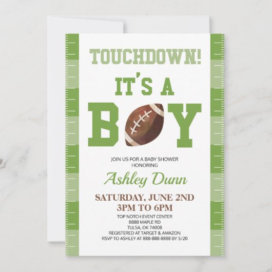 Football Touchdown Het is een Boy Green Baby showe Kaart (Voorkant)