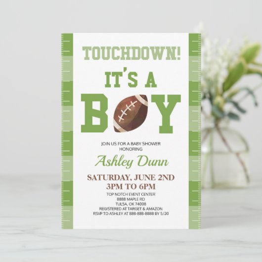Football Touchdown Het is een Boy Green Baby showe Kaart (Staand voorkant)