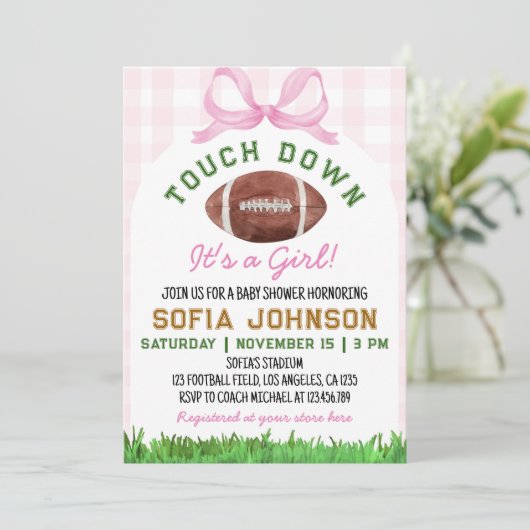 Football Touchdown Het is een meisje roze Baby sho Kaart (Staand voorkant)