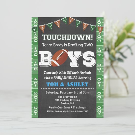 Football TWIN Baby Shower Chalkboard Invitation Kaart (Staand voorkant)