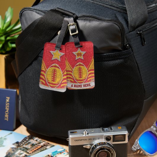 Football van Red en Gold Glitter School Bagagelabel (Voorkant /achterkant)