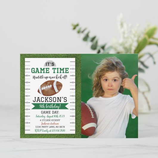 Football Verjaardag Foto Uitnodiging Wit (Staand voorkant)