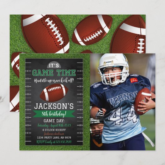 Football Verjaardag Foto Uitnodiging Zwart (Voorkant / Achterkant)