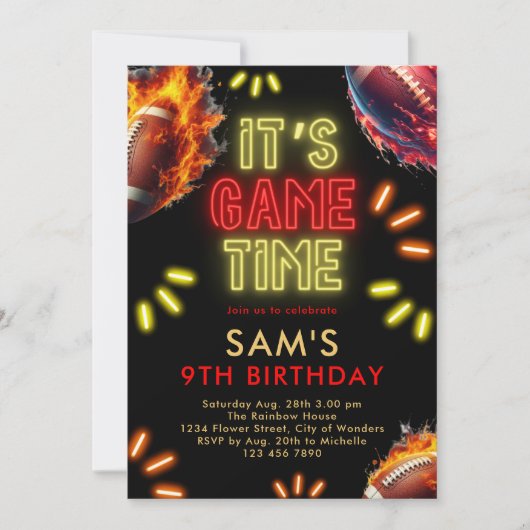 Football Verjaardag Uitnodiging Jongens Neon Game  (Voorkant)