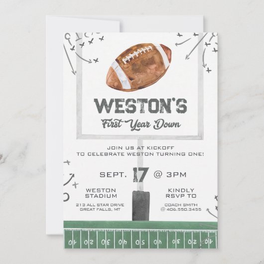 Football verjaardagsuitnodiging, eerste jaar down  kaart (Voorkant)