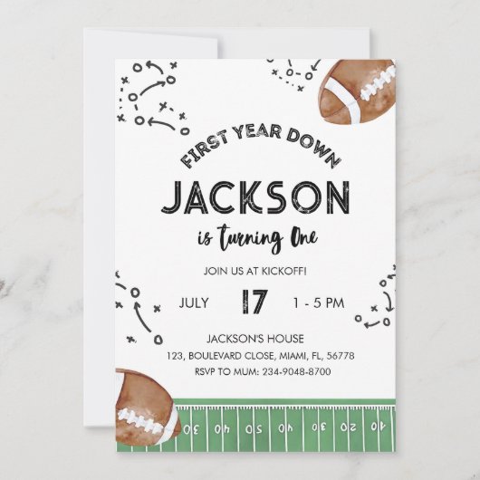 Football verjaardagsuitnodiging, eerste jaar naar  kaart (Voorkant)