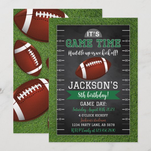 Football Verjaardagsuitnodiging Zwart Kaart (Voorkant / Achterkant)