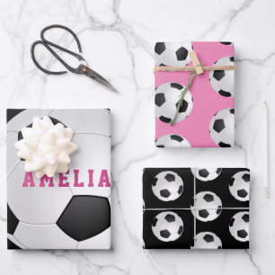 Football Voetbal Kogels Kinder naam Roze Birthday Inpakpapier Vel