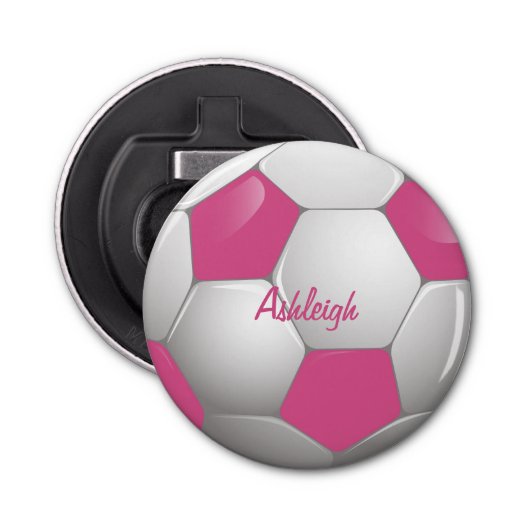 Football Voetbal Roze en Wit Button Flesopener (Voorkant)