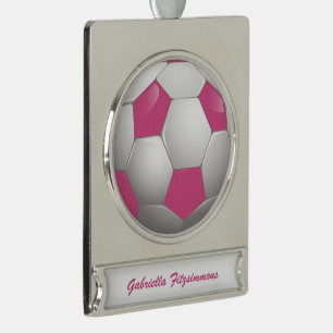  Football Voetbal Roze en Wit Verzilverd Banner Ornament