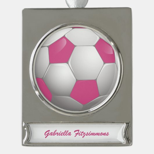  Football Voetbal Roze en Wit Verzilverd Banner Ornament (Voorkant)