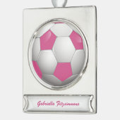 Football Voetbal Roze en Wit Verzilverd Banner Ornament (Links)