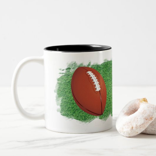 Football with Artistic Image of Grass Personalize Tweekleurige Koffiemok (Met donut)