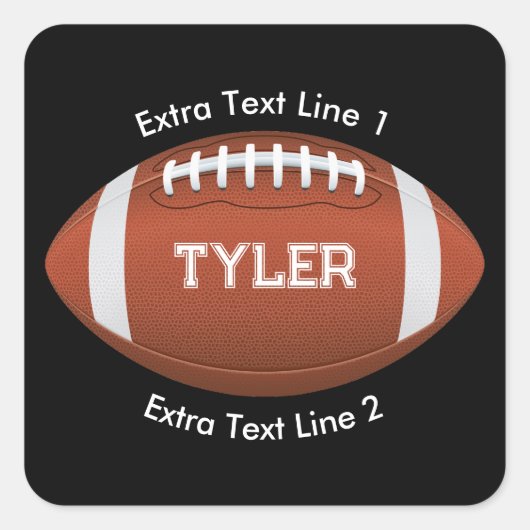 Football, witte naam, twee tekstregels op zwart vierkante sticker (Voorkant)