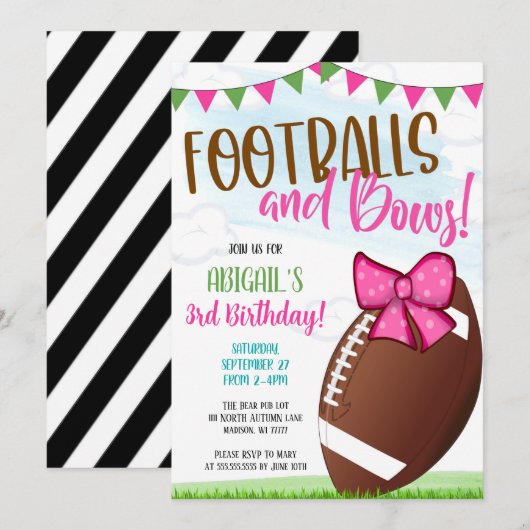 Footballs and Bows Party Invite Kaart (Voorkant / Achterkant)