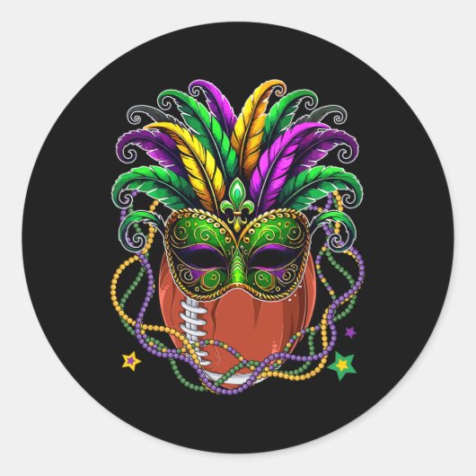 Footballs bal met Mardi Gras gemaskerde kralen Fun Ronde Sticker (Voorkant)