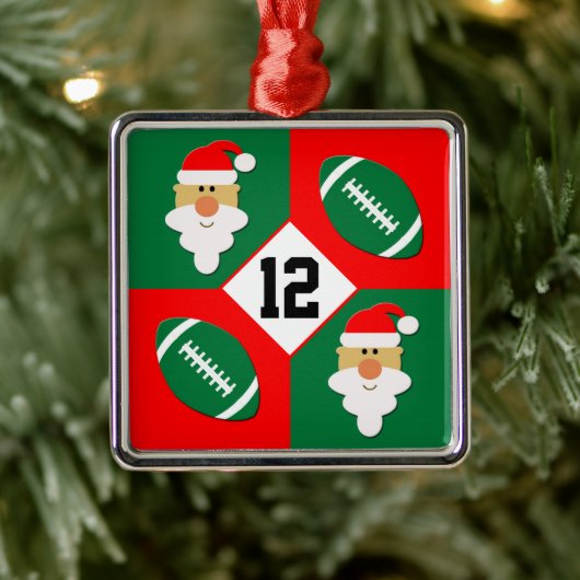 Footballs- en Santa Custom Football Player Number Metalen Ornament (Boom)