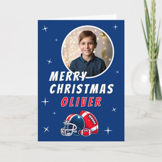 Footballs kogelhelm Cartoon Foto Vrolijk Kerstfees Kaart (Voorkant)