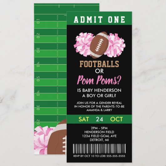 Footballs of Pom Poms Gender Reopenbaart Ticket Kaart (Voorkant / Achterkant)