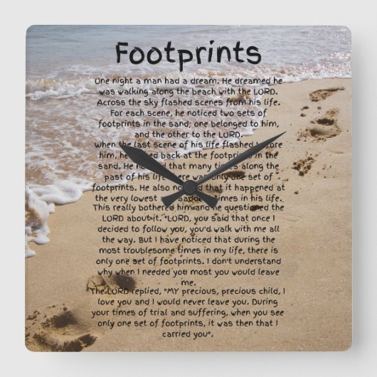 Footprints Prayer Poem Biblical Sand Vierkante Klok (Voorkant)