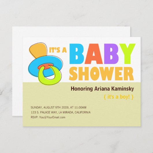 fopspeen-Baby shower-uitnodiging Uitnodiging Briefkaart (Voorkant / Achterkant)