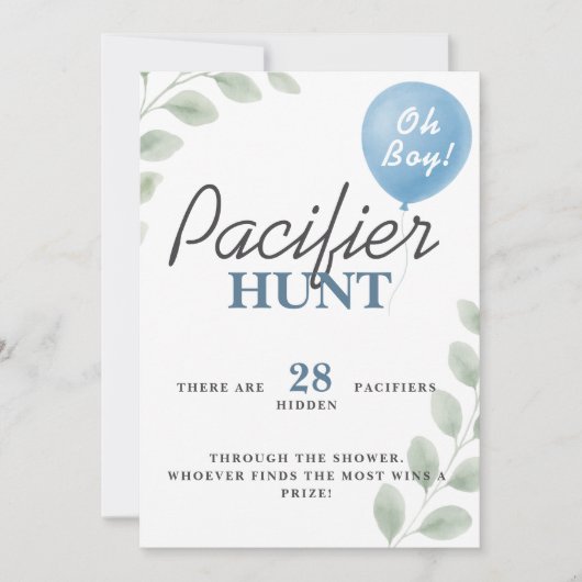 Fopspeen Hunt Baby shower Spel Ballon Eucalyptus Kaart (Voorkant)