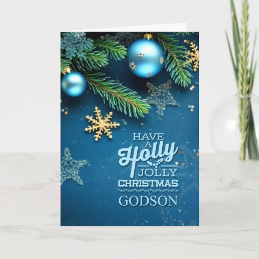 for Godson Blue Holly Jolly Christmas Ornament Feestdagen Kaart (Voorkant)