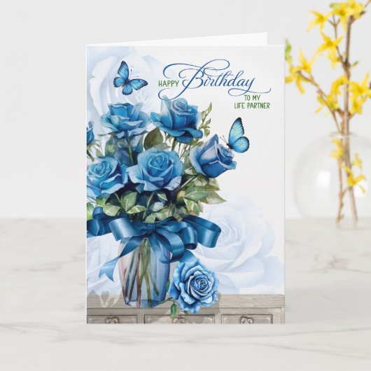 for Life Partner Birthday Vase of Blue Roses Kaart (Gele Bloem)